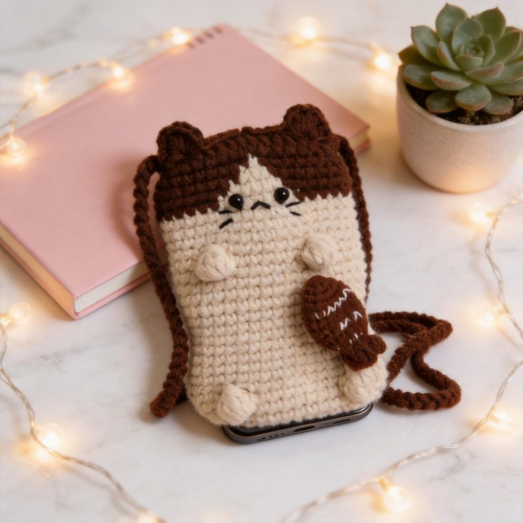 Cat Cartoon Handwoven Woolen Mobile Phone Bag With Shoulder Strap For Casual Daily Use