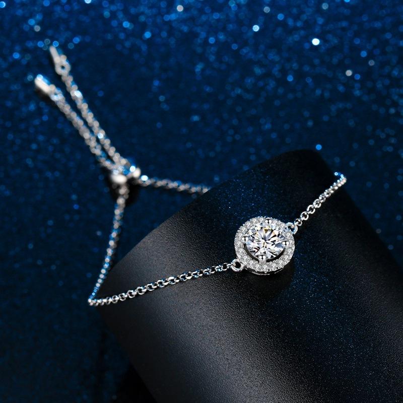 S925 Sterling Silver Starry Round Bag Mosang Diamond Bracelet for Women, Japan and South Korea, Fashionable 1 Carat Mosang Stone Bracelet