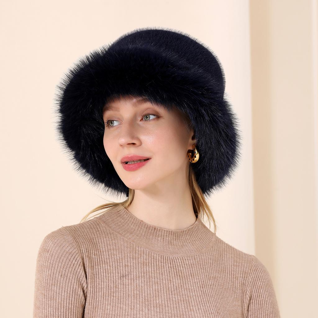 Women Head Accessories Thick Warm Faux Fox Fur Bucket Winter Hat Set Cap