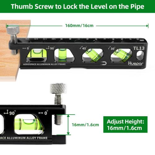 Huepar Mini Level, Powerful Magnet, V-Groove, Screw Clamp, Graduated Measuring Instruments, 4 Vials (Horizontal, Vertical, 45, 30), TL13