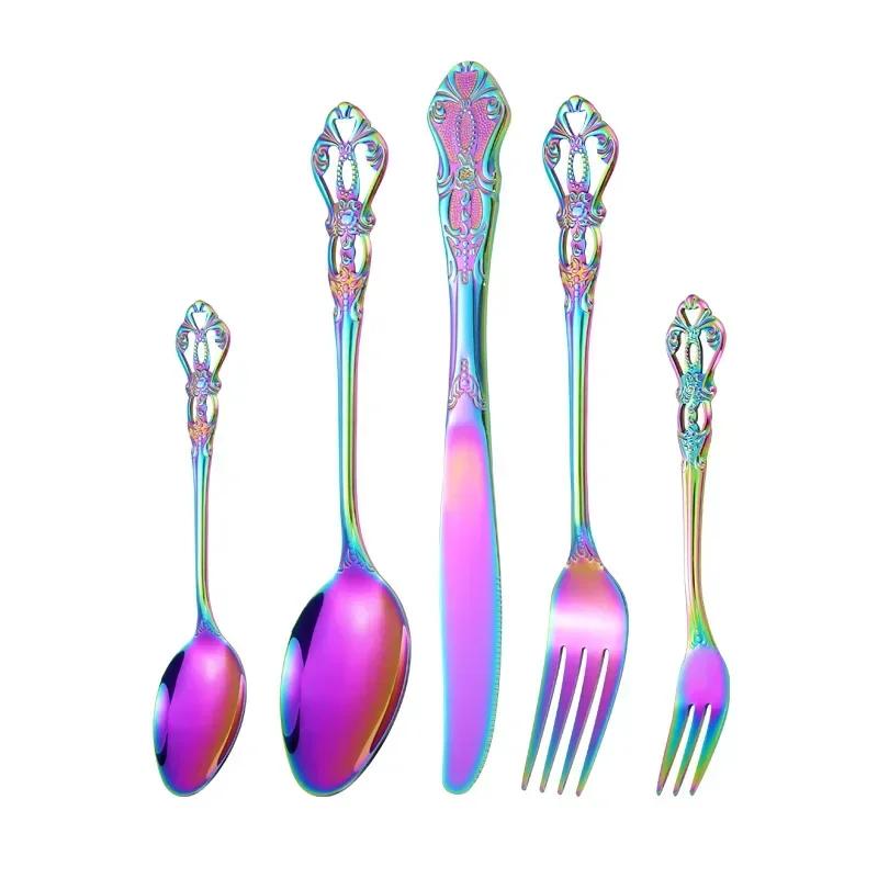 European Style Stainless Steel 4pcs Dinnerware Set - Retro Hollow Design Gold Spoon, Fork and Royal Steak Knife for Home Decor