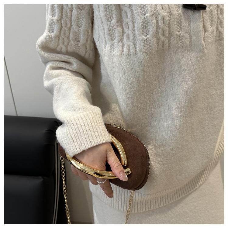 Retro Metallgriff Runde Kunstleder Clutch Tasche Vintage Kette Umhängetasche für Damen