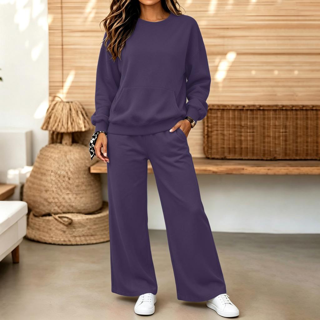 Conjunto Informal Cómodo de Sudadera y Pantalones para Mujer con Cuello Redondo y Bolsillos para Otoño Invierno