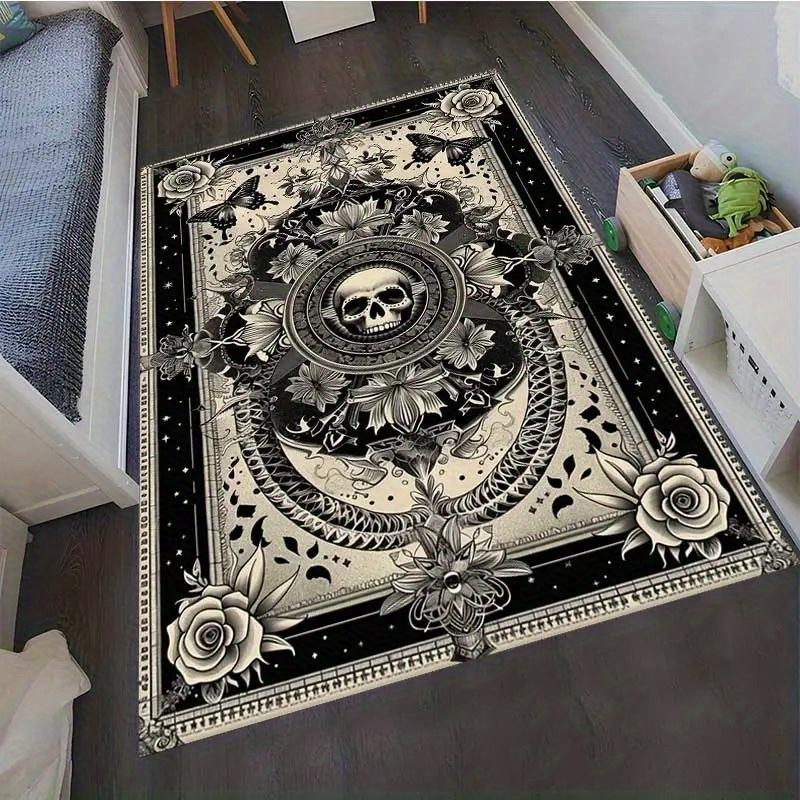 VIKAMA Gothic Skull Floral Doormat Non Slip Washable Entryway Rug Dark Academia Skull Rose Print Floor Mat Bathroom Living Room