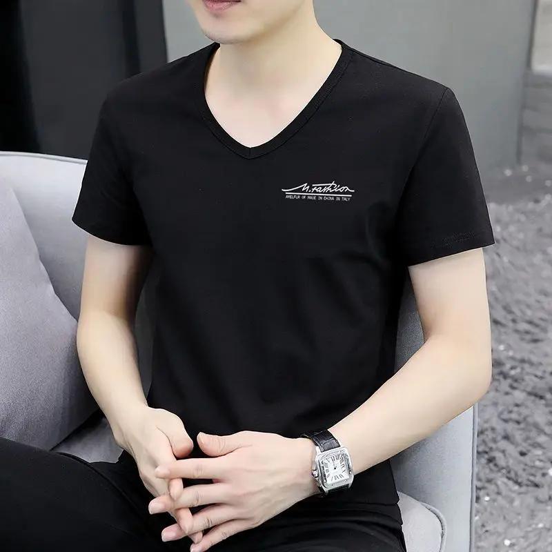 Top V Neck Streetwear Blue Clothing Alphabet Man Tee Shirts Smooth T Shirt for Men Summer Chic Fashion Hot High Quality Xl S