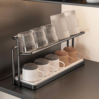 Double Layer Metal Cup Rack with Drain Tray for Kitchen Countertop