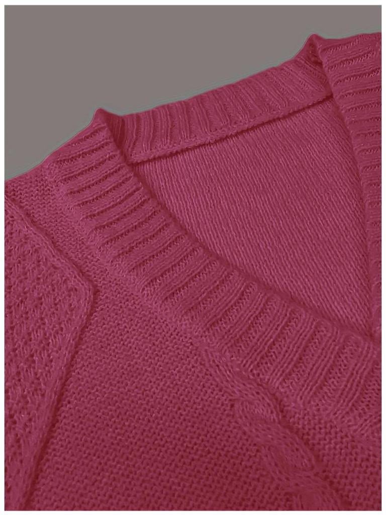 Women's European and American Casual V-Neck Cable Knit Sweater Coat - Solid Color, Autumn/Winter Pullover.