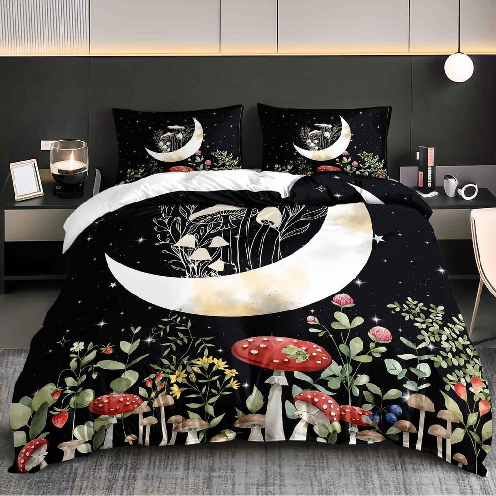 3-teiliges Mond- und Pilz-Bettwäsche-Set Böhmisches Nachtgarten-Muster Florales Thema Bettbezug-Set Dunkle Ästhetik Schlafzimmer-Dekor