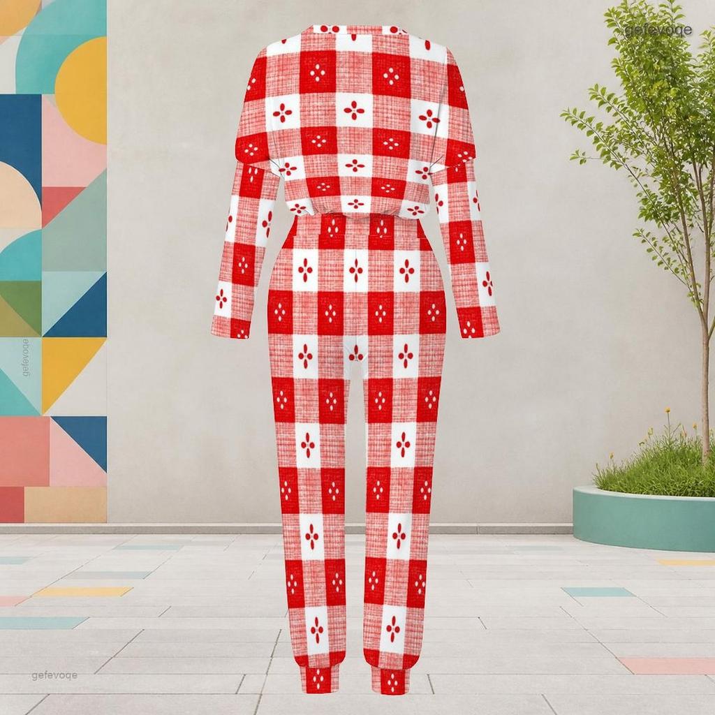 Women Plus Size Round Neck Long Sleeve Red White Plaid Printed Pocketed Cuffed Top Cuffed Pants Two Piece Set