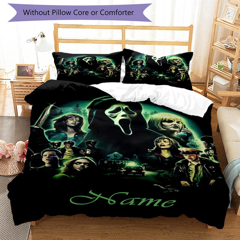 3pcs Custom Name Halloween horror Bedding Set Duvet Cover Closure Includes 1 Duvet Cover & 2 Pillowcases, Soft and Comfortable for All Seasons.
