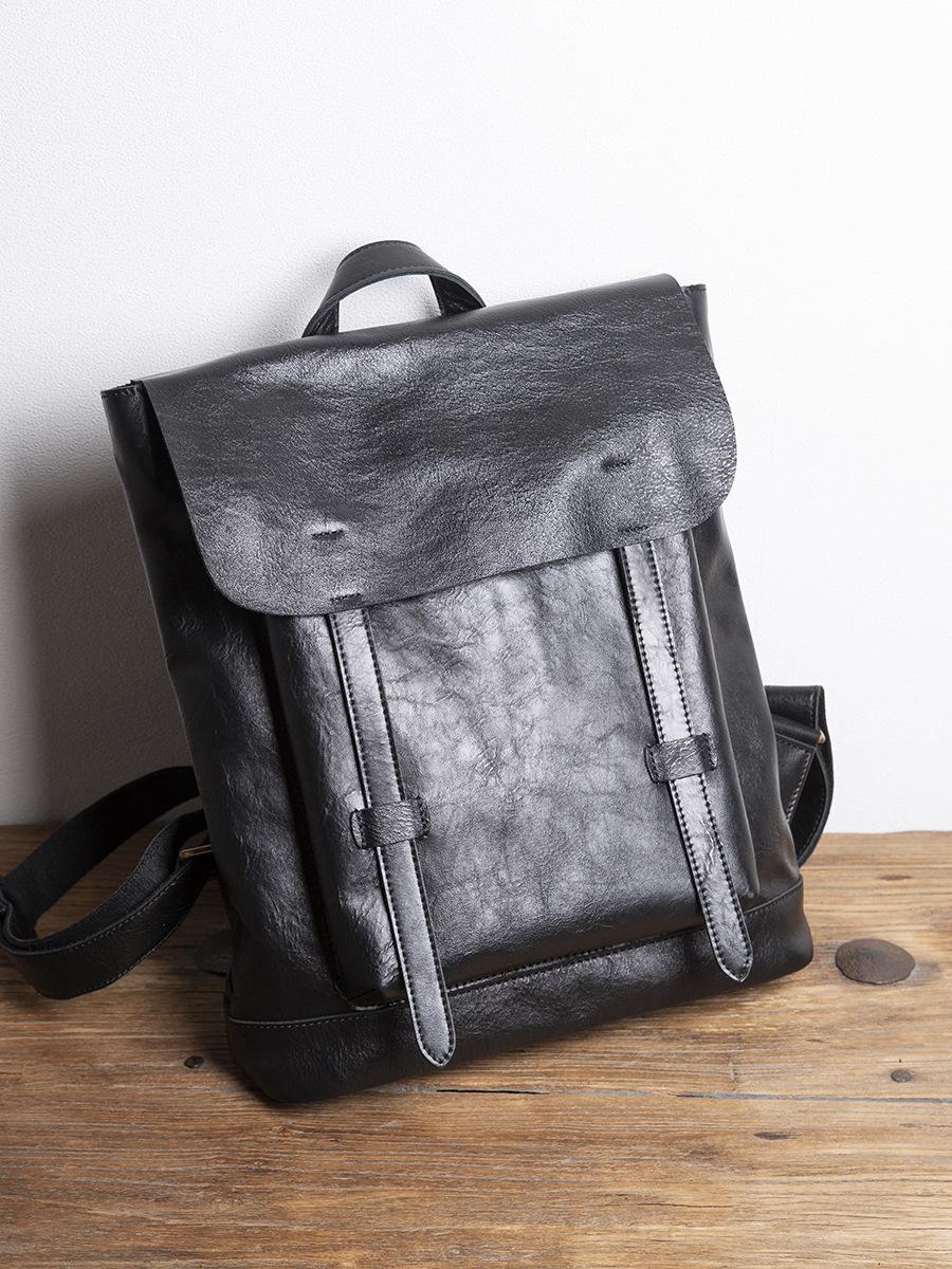 

Leather backpack men s retro backpack Korean version student schoolbag leisure travel bag simple first layer cowhide чёрный
