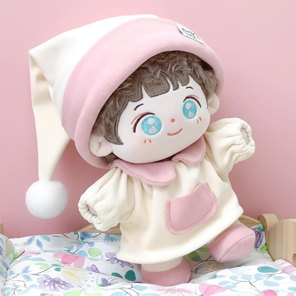 Pink Pajama Set and for 10cm Plush Kigurumi Otaku Doll Kpopdoll Costume (Hat, Dress, Shoes) Doll, Accessories, Activities, Mascot, [Used]