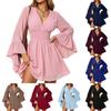 Damen Langarm Kleid V-Ausschnitt Glockenärmel Taillengürtel Minikleid Lässig Elegant Partykleid