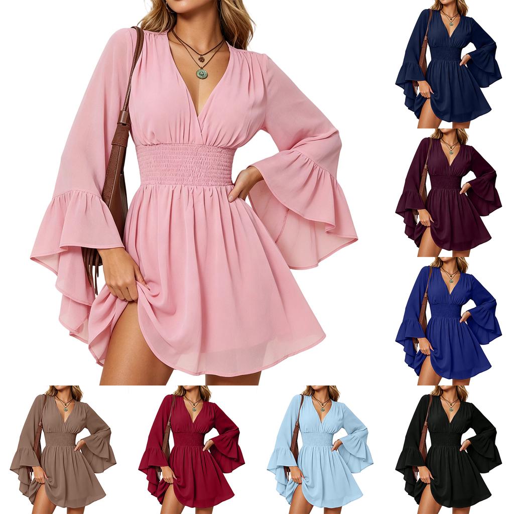 Women Long Sleeve Dress V Neck Flared Sleeve Waistband Mini Dress Casual Elegant Party Dress