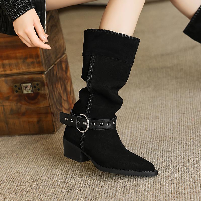 Mode 2025 Neuer Trend Damen Kuhveloursleder Mid-Calf Stiefel Westernstiefel Herbst Winter Kaffee Karamell Spitz Zehenschnalle Dicke Absätze Schuhe