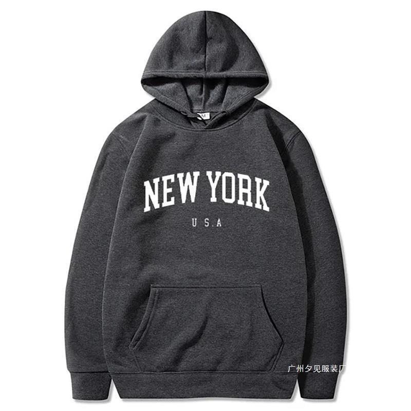 New York U.S.A City Hoodies Letter Graphic Print Men Fleece Sweatshirt Hip Hop Casual Hoodie Vintage Pullovers Loose Y2k Clothes