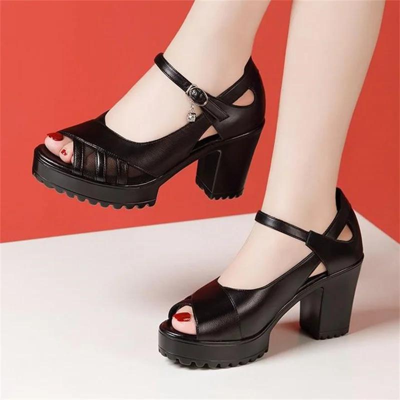 

Мода 2025 Босоножки Женские Летние Туфли на Толстом Высоком Каблуке Сандалии на Платформе Кружевная сетка Обувь Роскошное Высокое Качество 35 чёрный