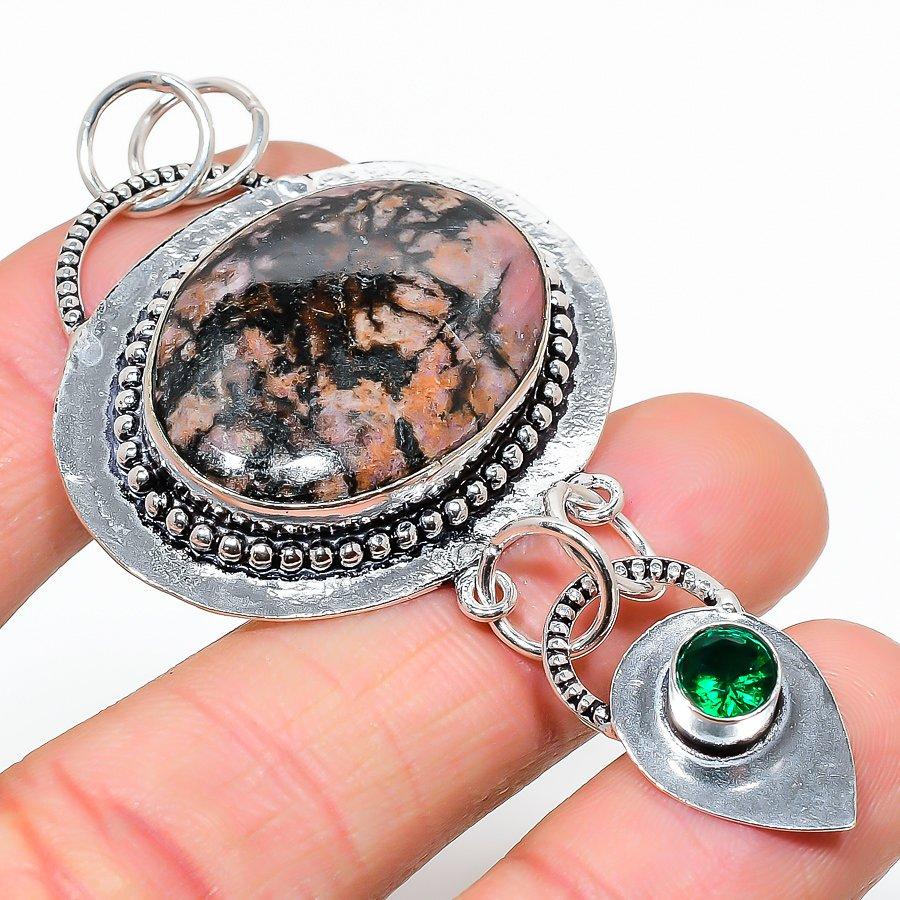 

Этническая ювелирная подвеска ручной работы с родонитом и диопсидом, 2,76 дюйма VR-1836