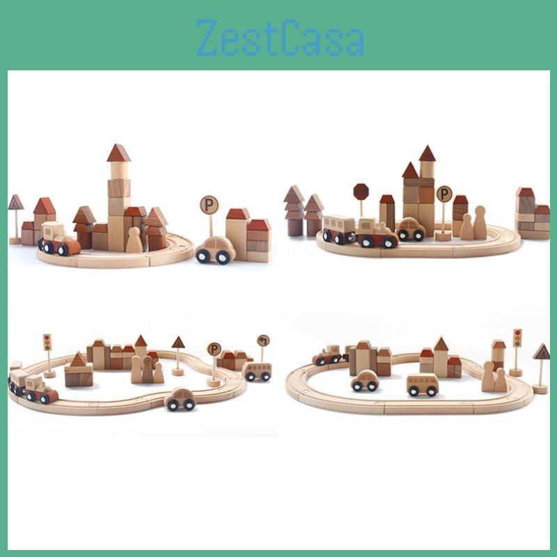 Fun City Wooden Transportation Train Track Assembly Building Blocks Kid Set Toy