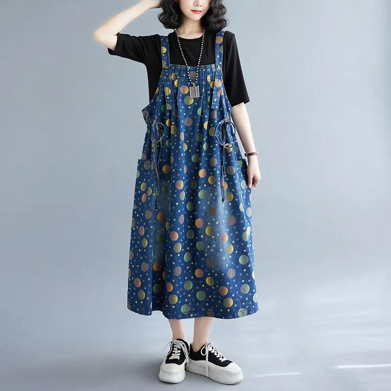 Plus Size Women's Loose Printed Denim Casual Sleeveless Skirt Spring Autumn Fashion Back with Skirts Women Denim Skirts