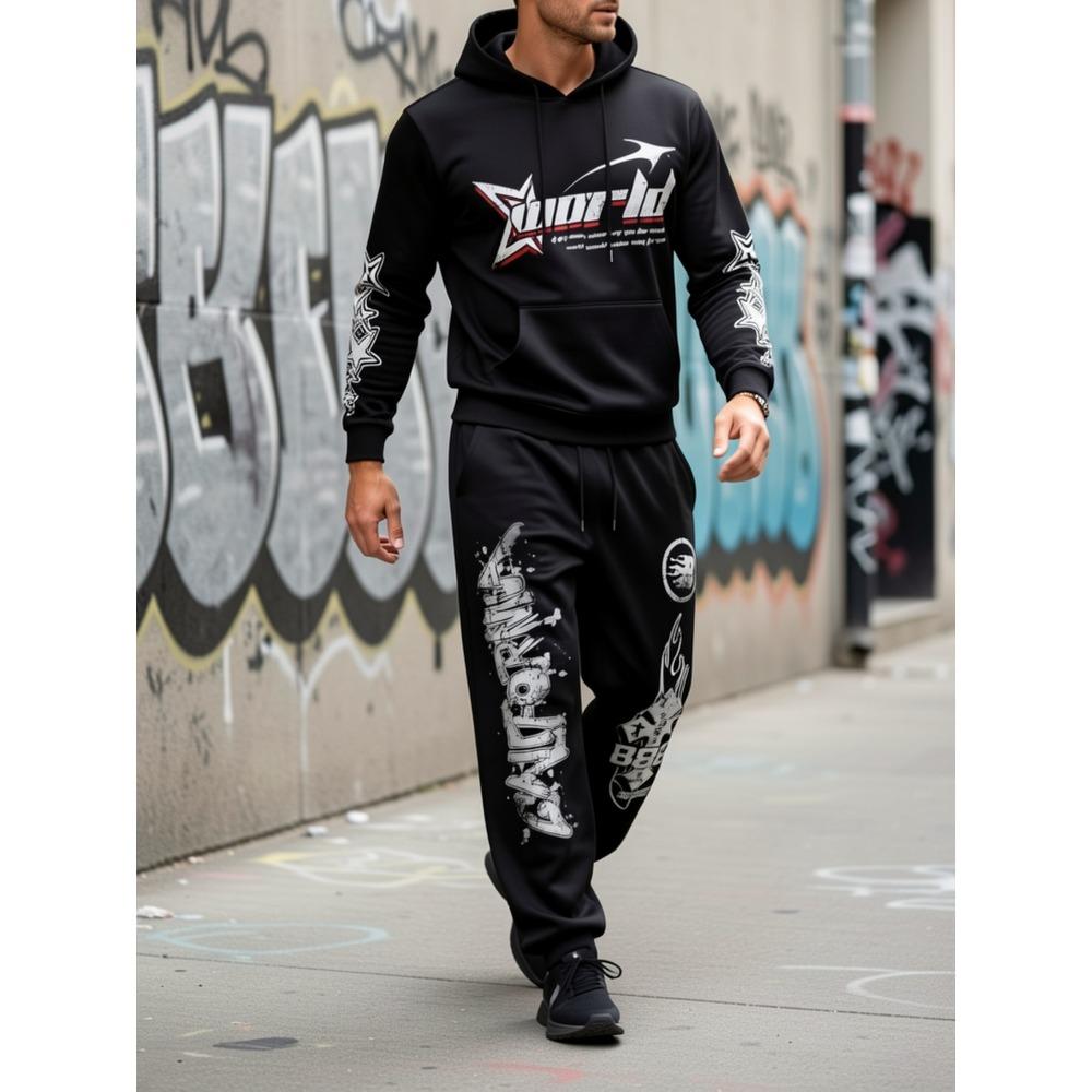 Star Patterned Hooded Sports Suit, Drawstring Running Pants, Comfortable Casual Sportswear, Suitable for Men's Daily Wear in Autumn and Winter