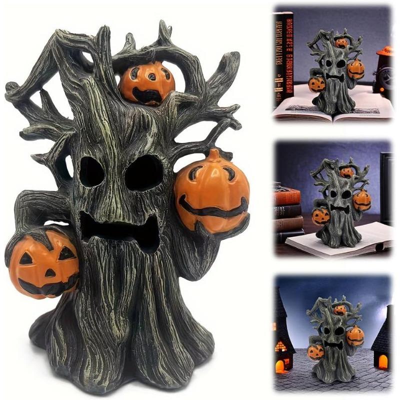 Halloween Pumpkin Tree Decor,Lighted Resin Halloween Figurine with Ghost Face Pumpkins, Haunted Miniature Tree for Indoor Table Decorations