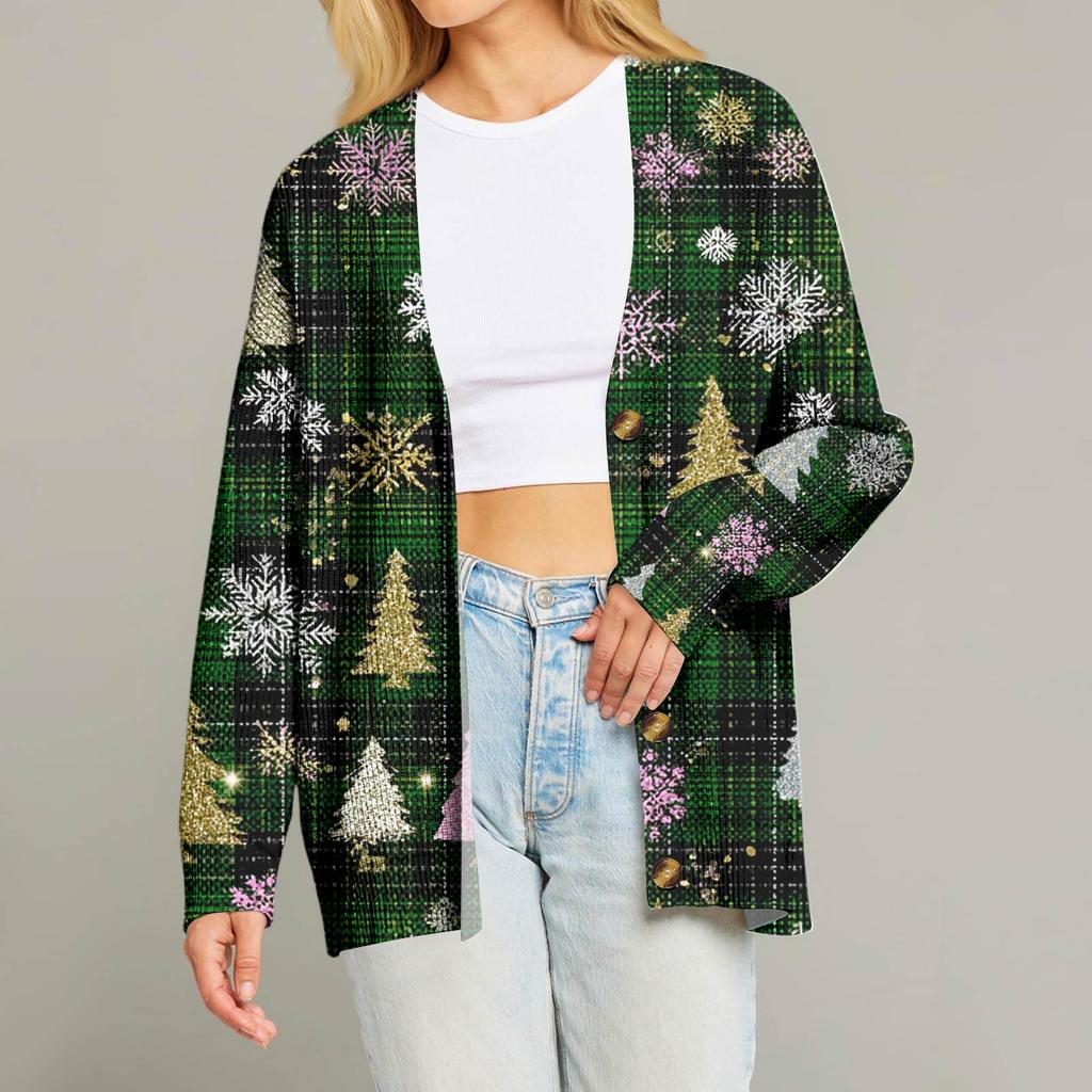 Women's Fashion Long Sleeve Christmas Print V-Neck Button Loose Cardigan Top