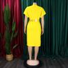 Large Size Women Summer Fashion Solid Dress Ladies Sexy One Piece V Neck Slit Dress with Belt