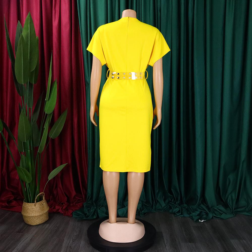 Large Size Women Summer Fashion Solid Dress Ladies Sexy One Piece V Neck Slit Dress with Belt