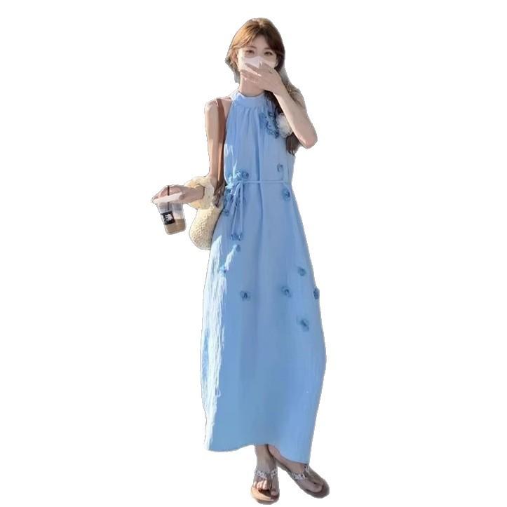 Blue neck sling dress for women Xia Gaozhi wears dopamine bright Xinjiang seaside vacation beach dress