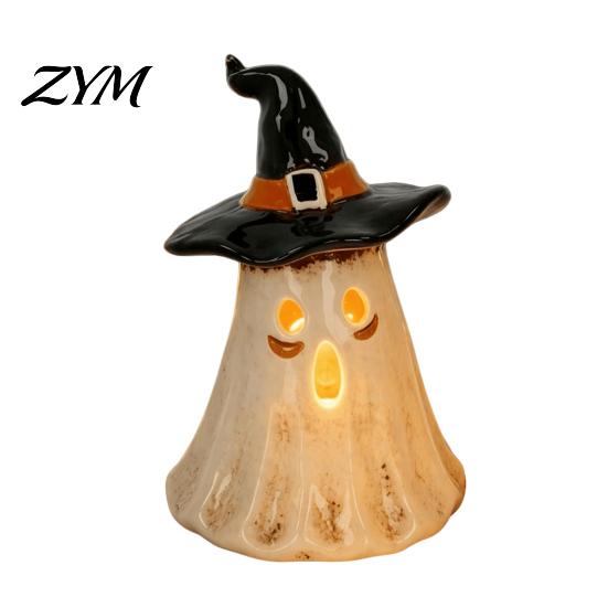 Fall Indoor Home Decorations Witch Hat Ghost Tealight Candle Holder, Vintage Resin Halloween Tabletop Decor Cozy Party Supplies with Warm Glow