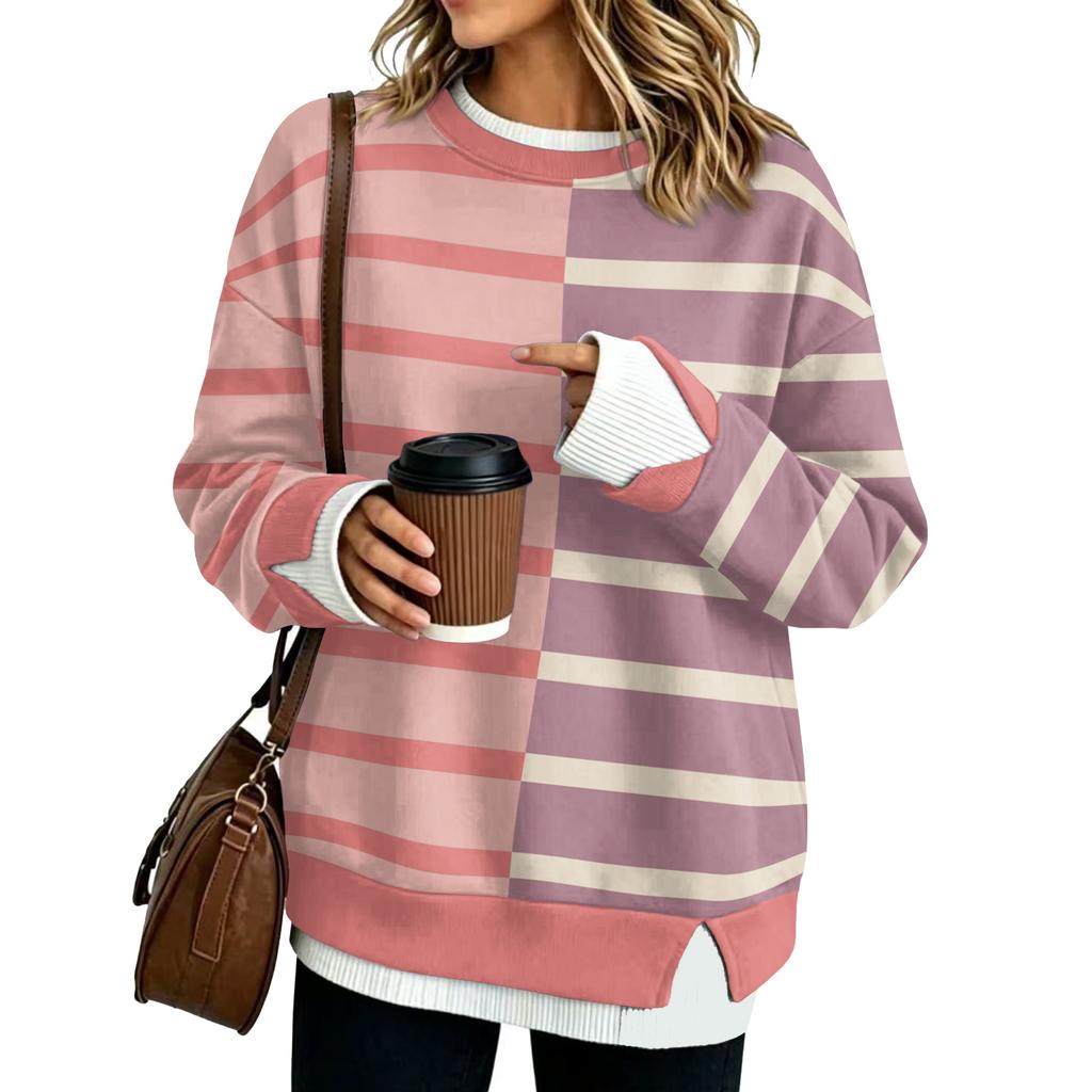 Trendy Women's Casual Loose Fit Long Sleeve Two Piece Striped Sweatshirt Pullover Top