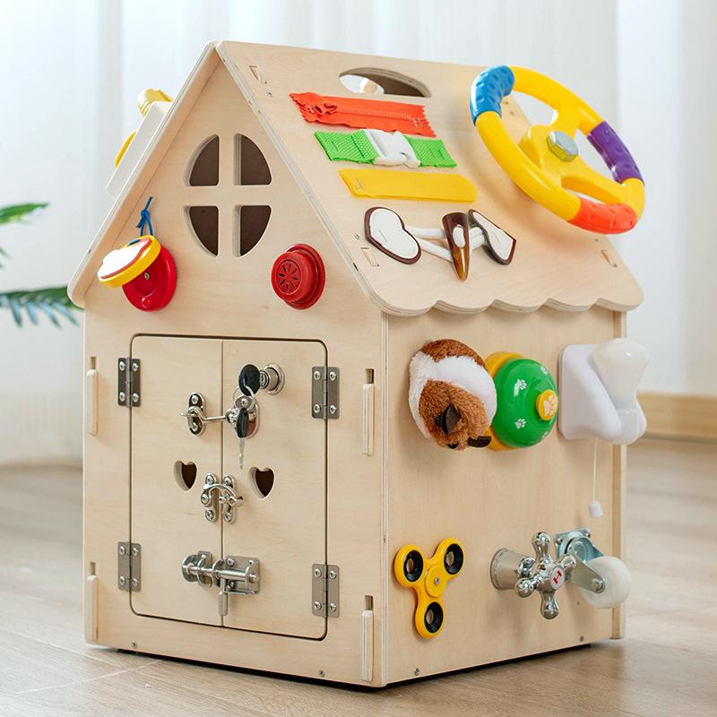 Early Education Blue Busy House Busy Board Wooden Montessori Unlocking Playing Music Concentration Training Teaching Children Toys