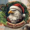 Bald Eagle Santa Hat Christmas Round Wooden Hanging Sign, 2D Flat Printed Holly Wreath Front Door Decor, Merry Christmas Patriotic Wall Ornament Gift