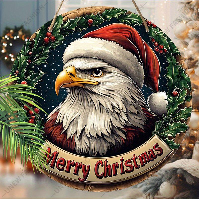 Bald Eagle Santa Hat Christmas Round Wooden Hanging Sign, 2D Flat Printed Holly Wreath Front Door Decor, Merry Christmas Patriotic Wall Ornament Gift