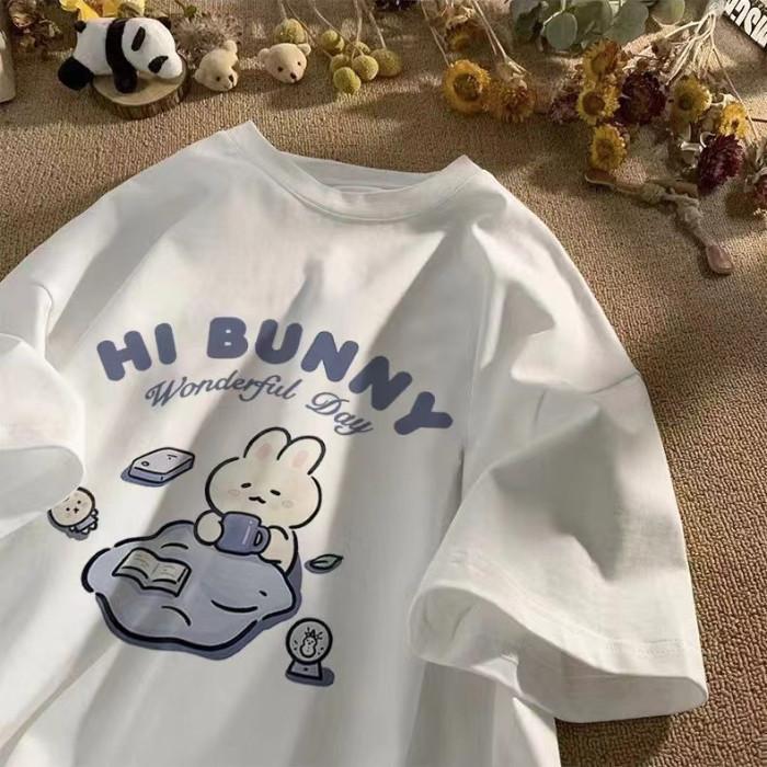 Summer Japanese Cute Teadrinking Rabbit Printed Shortsleeved Tshirt for Ladies and Boys Same Loose Casual Largesize Top XL