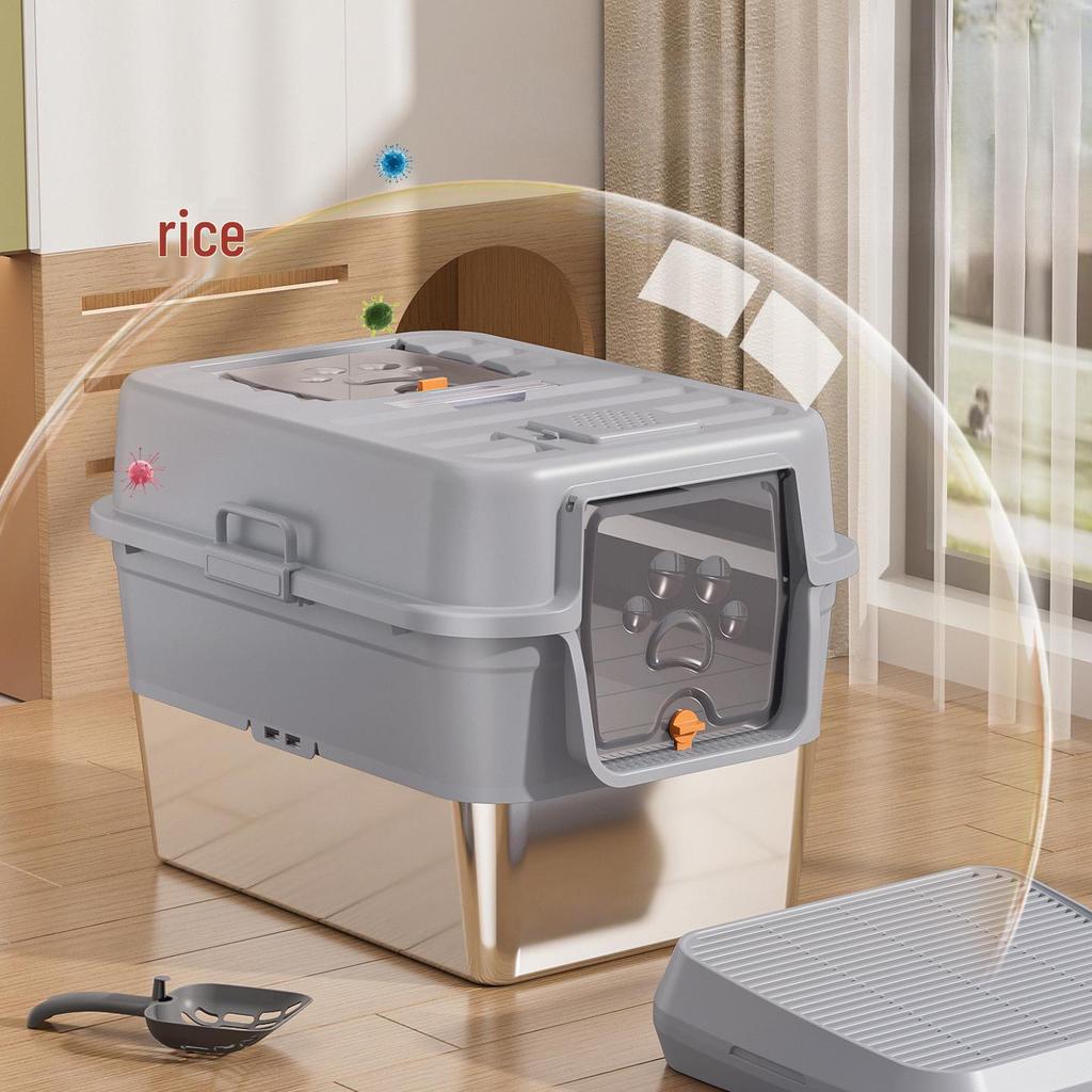 Odor-Proof Stainless Steel Enclosed Cat Litter Box with Anti-Splash Top Entry