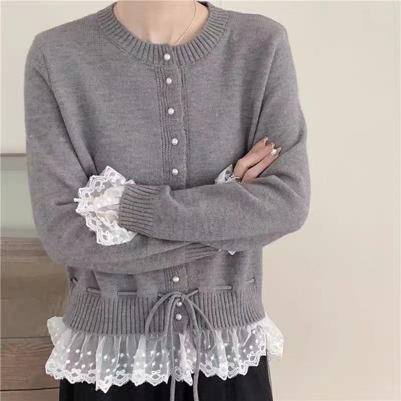 Red lace splicing sweater women's autumn and winter design waist knitted cardigan small short top