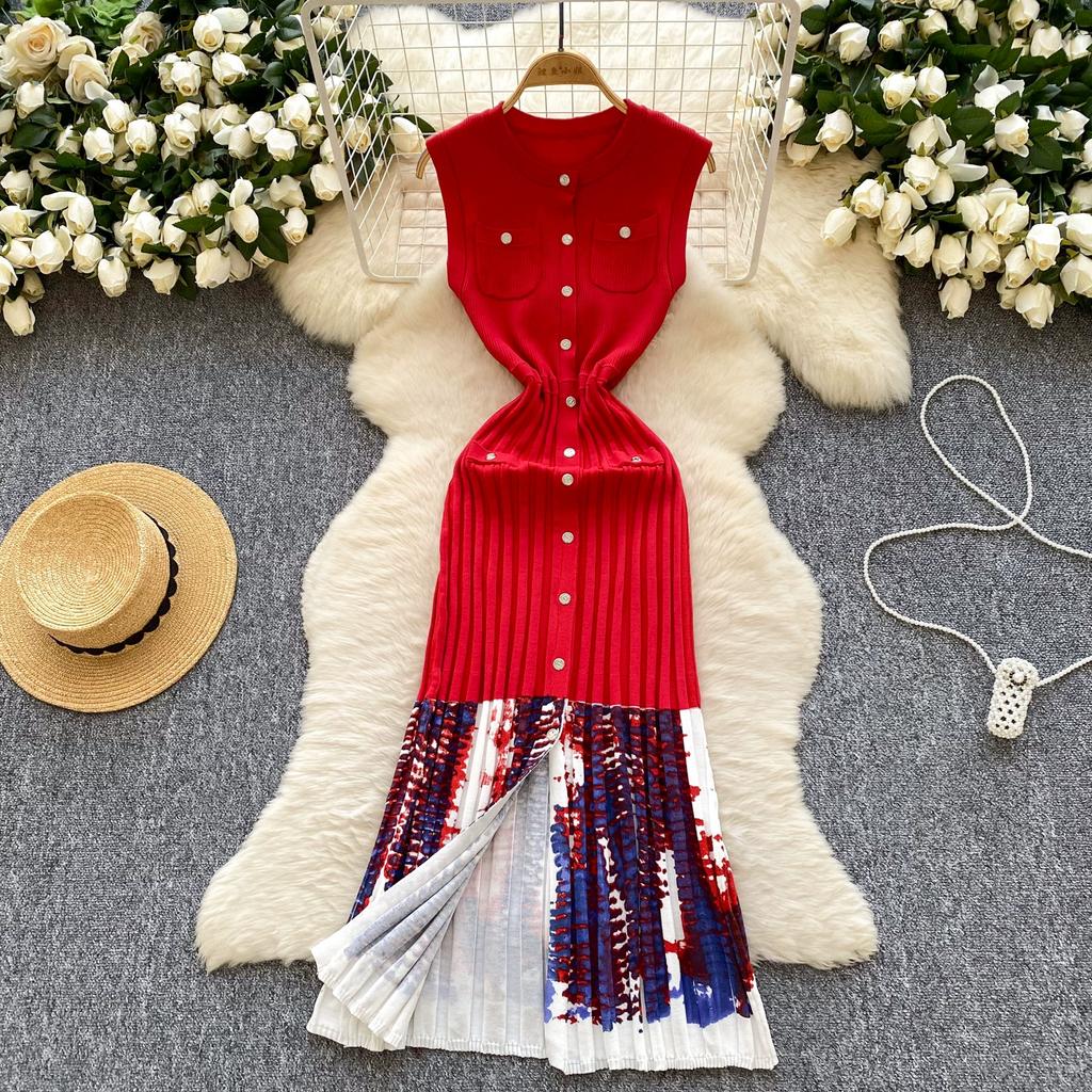 Summer Women Sleeveless Print Designer Runway Dress Single Breasted Knitted Sweater Dresses