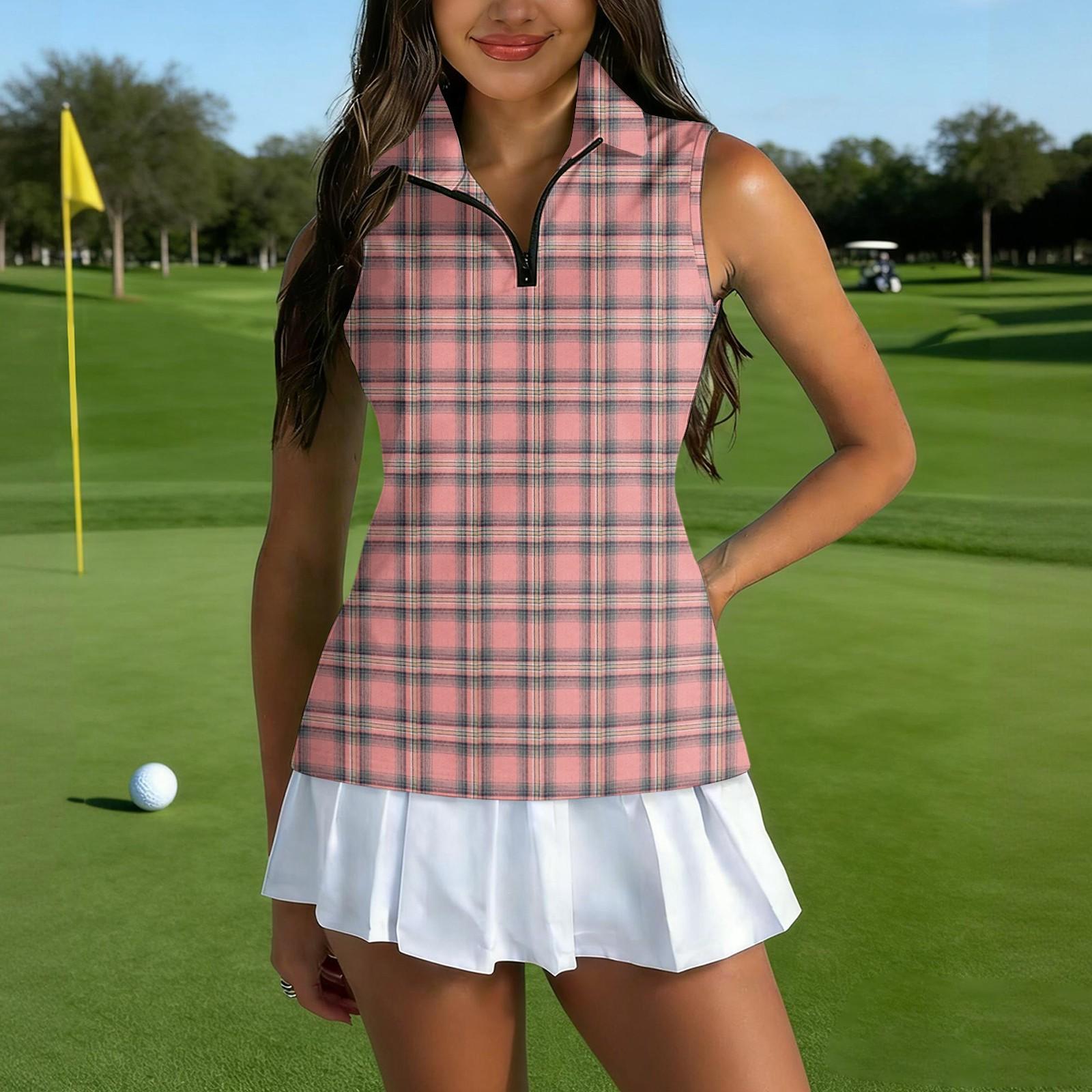 

Women Sleeveless Golf Polo Shirt Zip Collar Plaid Print Athletic Tank Top for Sports and Outdoor Activities M