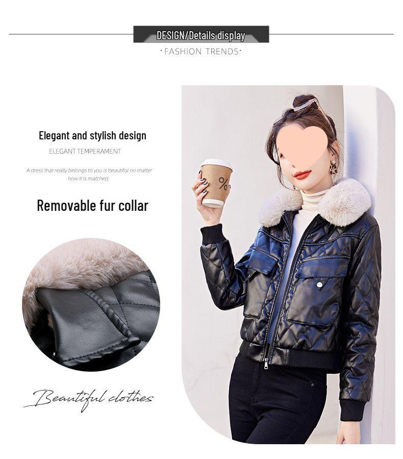 Women's Short Fleece-Lined Leather Motorcycle Jacket - Winter Fashion Cotton-Padded Coat
