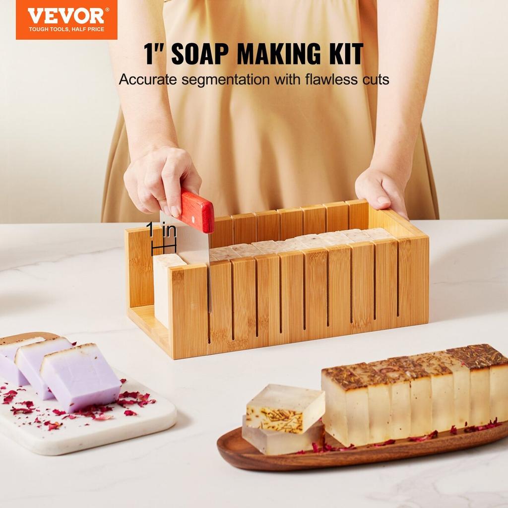 Soap Making Kit, Bamboo Cutting Box and Inner Box with Silicone Mold, Stainless Steel Straight Cutter and Wavy Cutter, 100 Bags and 105 Stickers, Soap