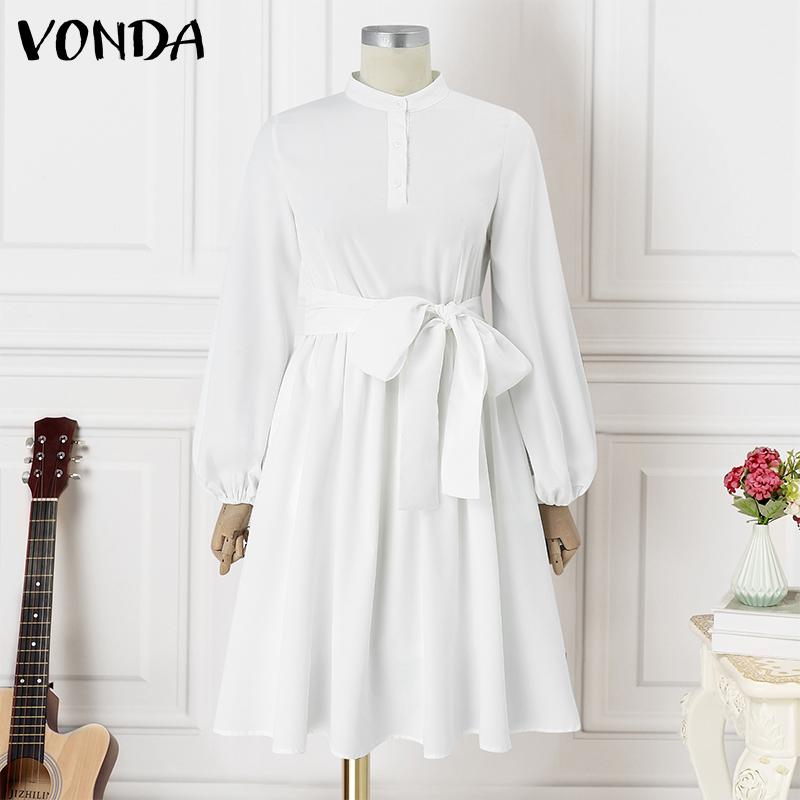 VONDA Women Plus Size Fashion Solid Color Stand Collar Pocket Long Sleeve Dresses