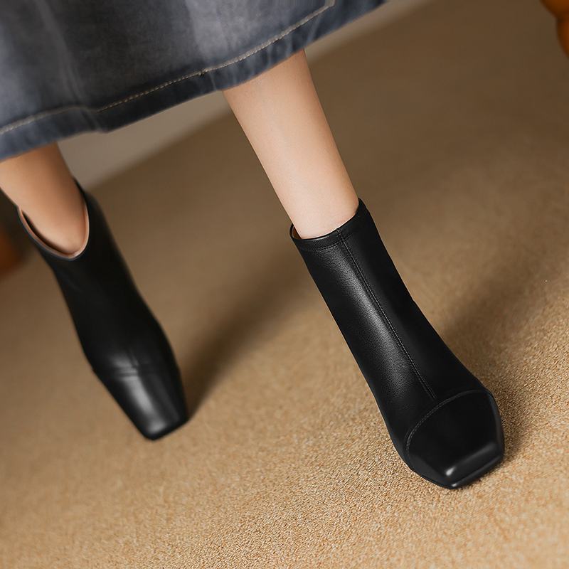 Krazing Pot Kuhleder Winter Dicke Mittelhohe Absätze Chelsea Boots Basic Design Damen Slipper Größe 43 Streetwear Stiefeletten