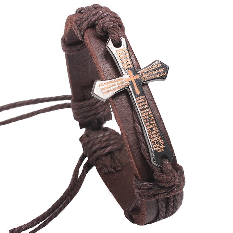 New Fashion Men Jewelry Vintage Leather Bracelets & Bangles Metal Cross Jesus Bracelet Adjustable Wax Cord Brown Black