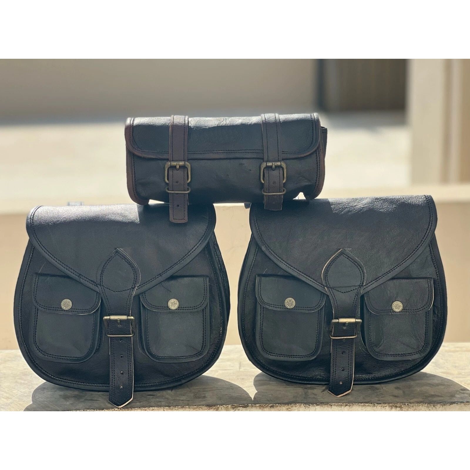 

Black Leather Motorcycle Saddle Bag 3 Side Panniers Luggage Saddlebags Tool Bags