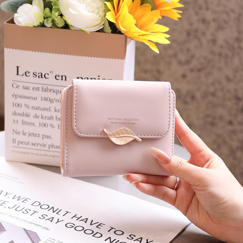Wallet Women's Short Solid Color Zipper PU Leather Niche Women's Leaf Sub Coin Wallet