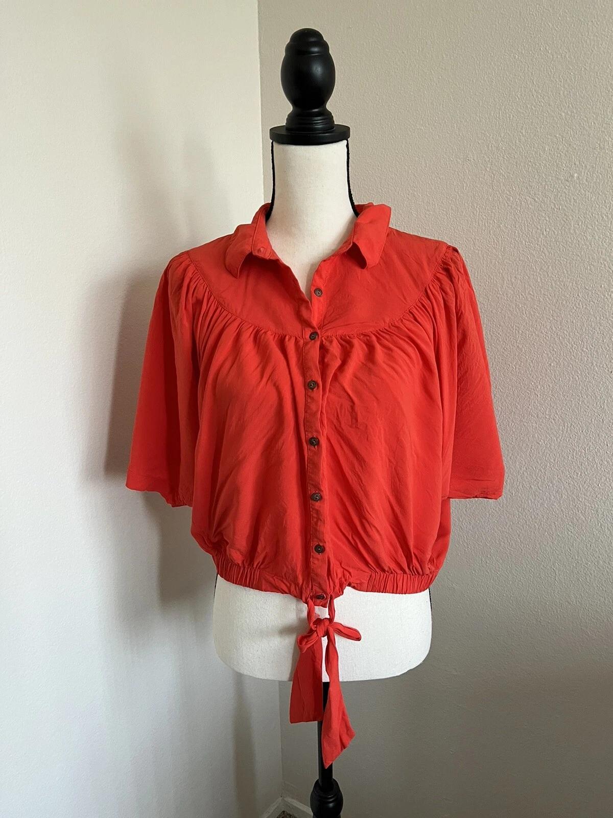 Free People Button Down Shirt Womens Orange Red Boho Front Tie Size Medium XL