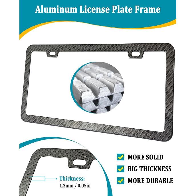 License Plate Frames Carbon Fiber- 2 Pack Black Aluminum Metal Car Tag Holders P