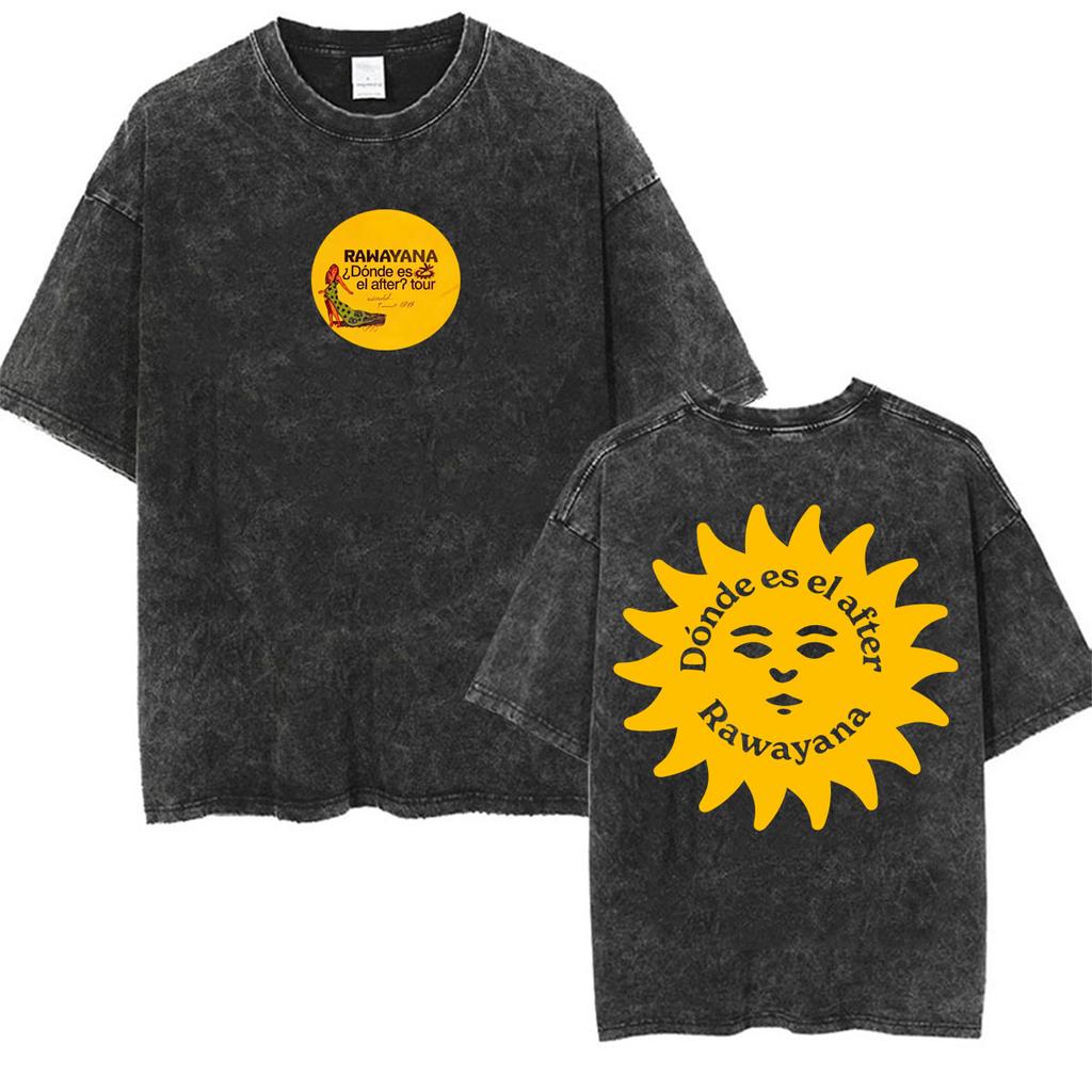 2026 Hot Sale Rawayana ¿Donde Es El After Veneka 58 Vintage Washed Tee Shirt Men Women Hip Hop Pop Music Oversized Cotton T Shirts Streetwear Top